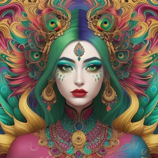 Dragon Peacock Woman Portrait in Abstract Style
