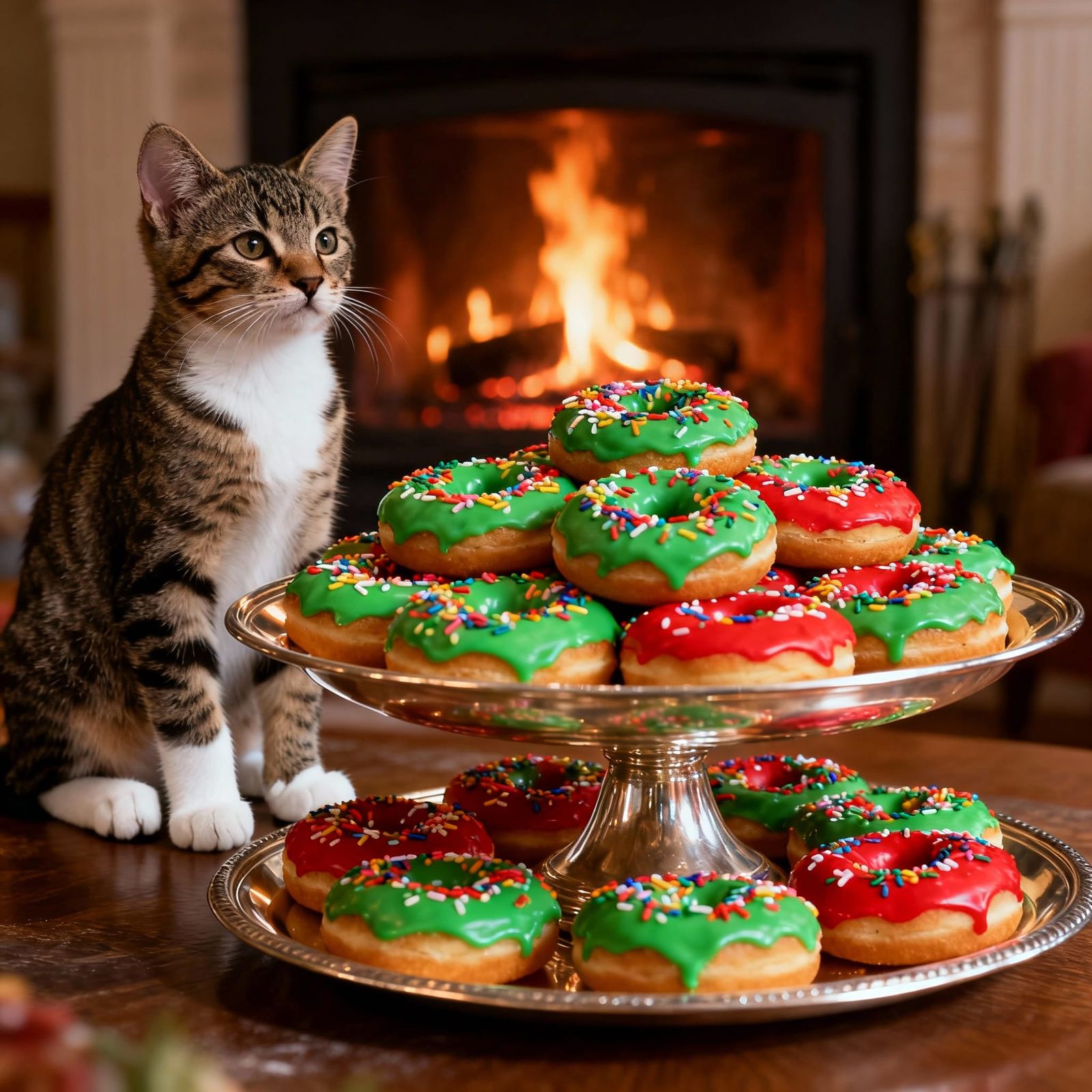 Adorable Kitten Beside A Feast of Frosted Donuts