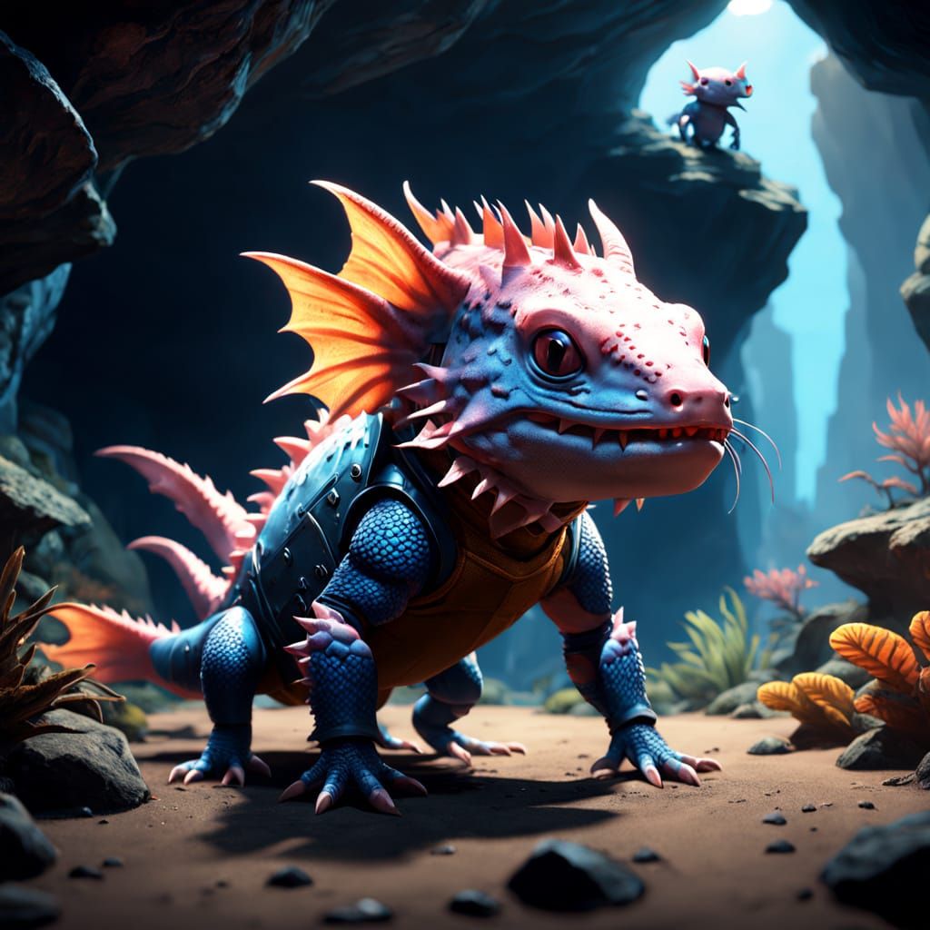 Fantasy Axolotl Stands Ground Against Shadowy Predators in V...