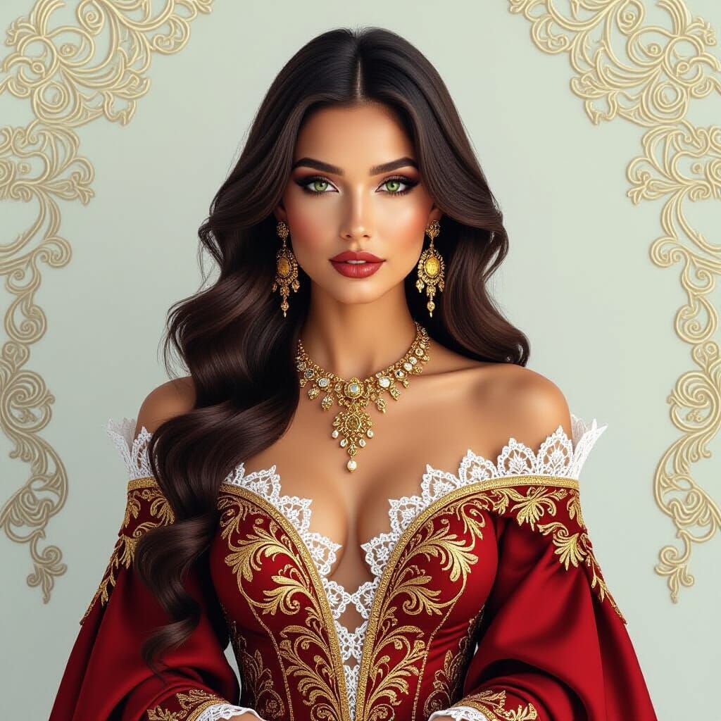 Elegant Brunette in Red and Gold Avant-Garde Gown