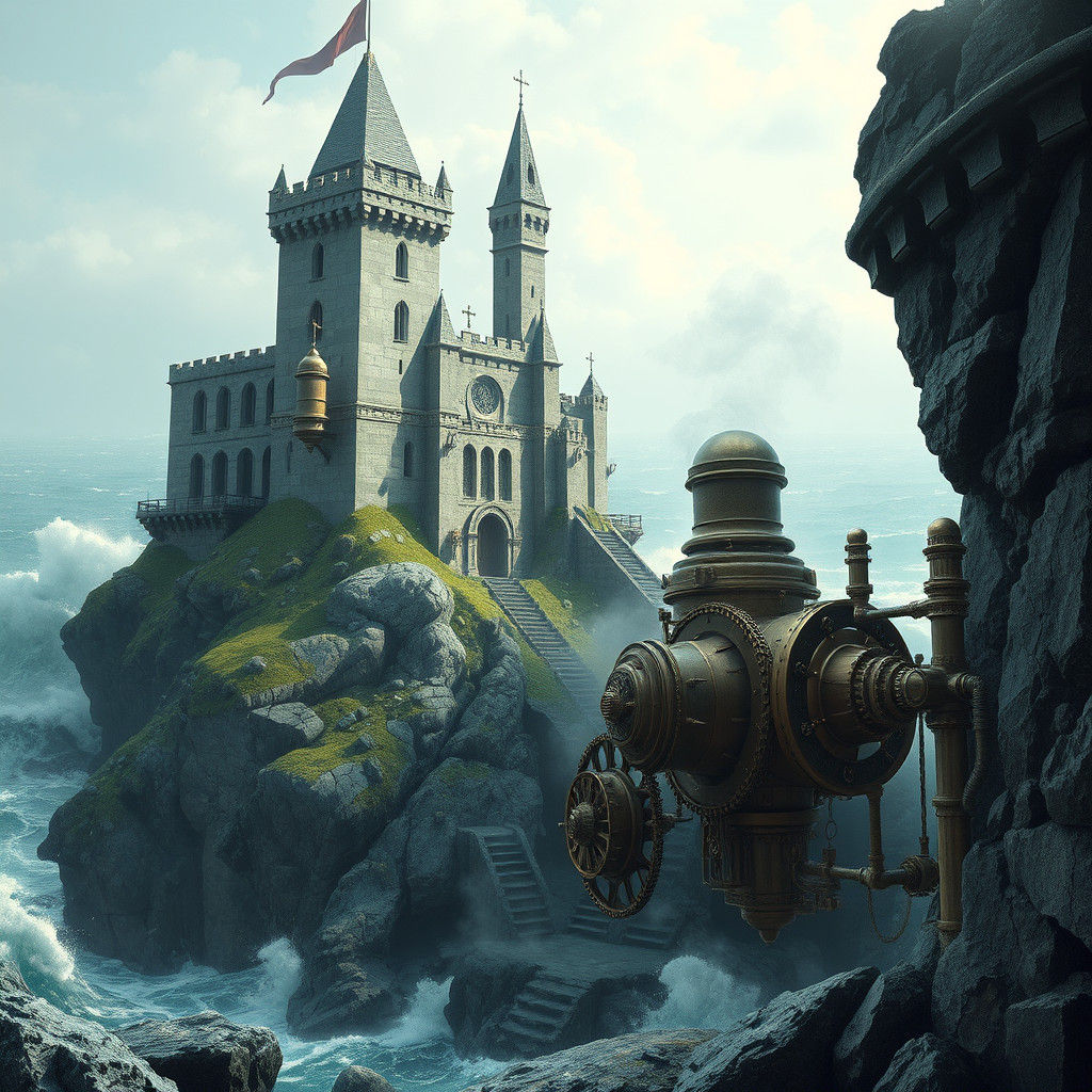 Steampunk Castle on a Cliffside, Dramatic Lighting