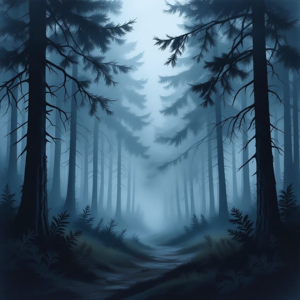 Dark Fantasy Gothique Aquarelle of Foggy Pine Forest Morning