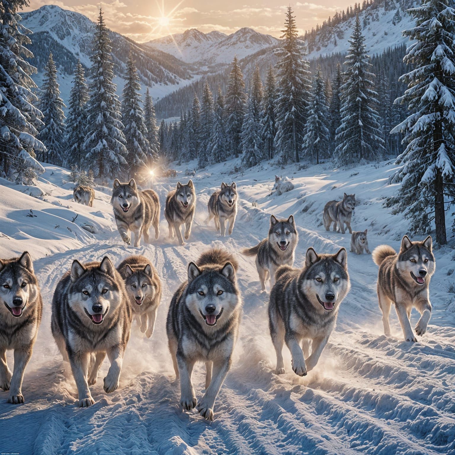 Huskies Running Through Snowy Hills, Digital Painting
