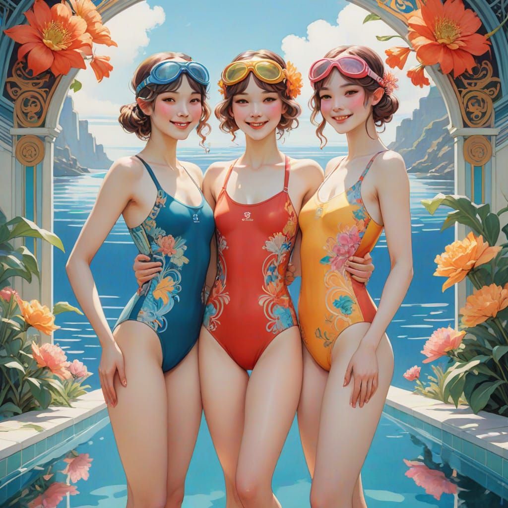 Art Nouveau Watercolor Masterpiece: Joyful Swimmers in Vibra...