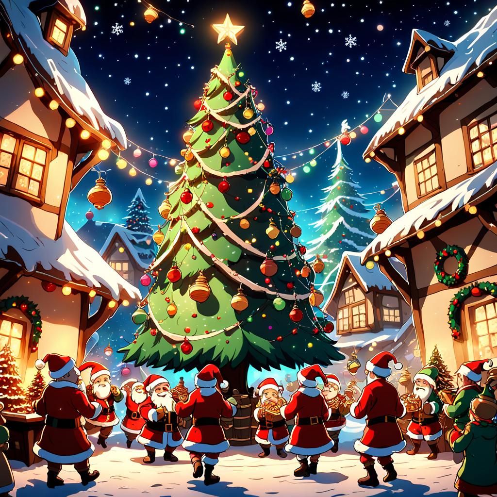 Joyful Christmas Village Scene in Anime Style