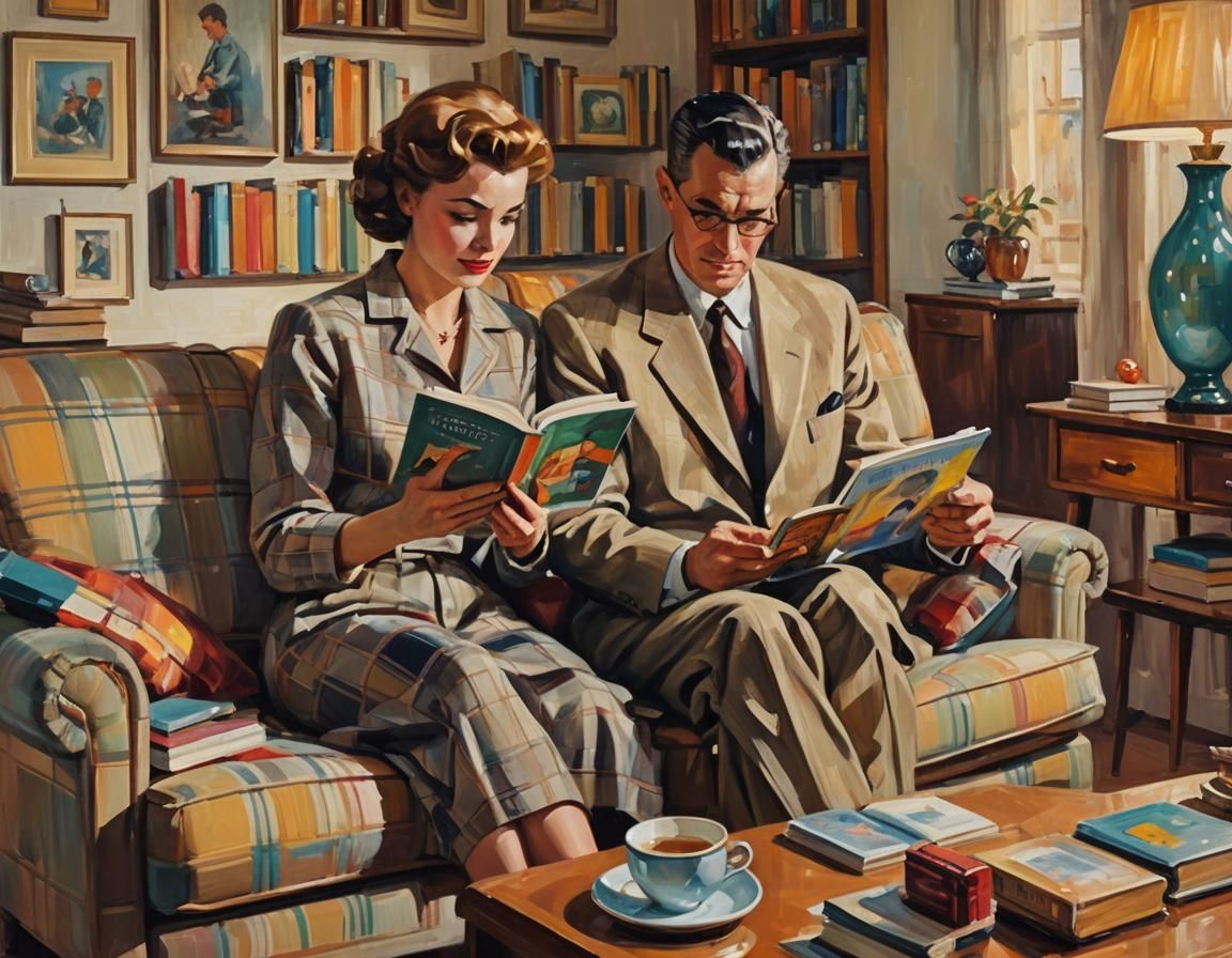 1950s Couple in Fauvist Living Room Oil Painting