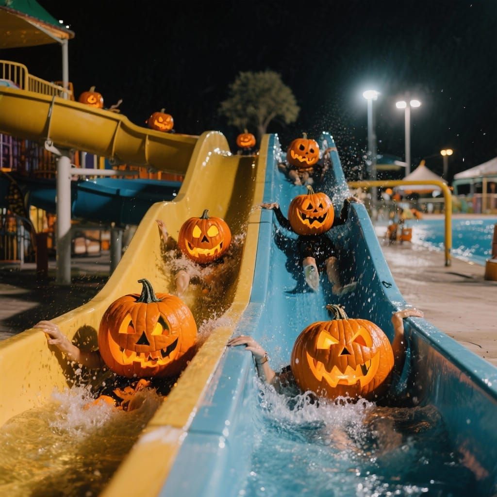 Jack-o-lanterns Enjoy Water Slides at Night