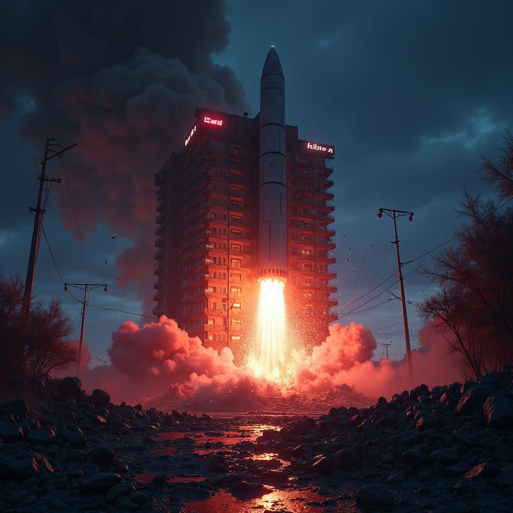 Missile Strike on Police Building in Matte Painting Style