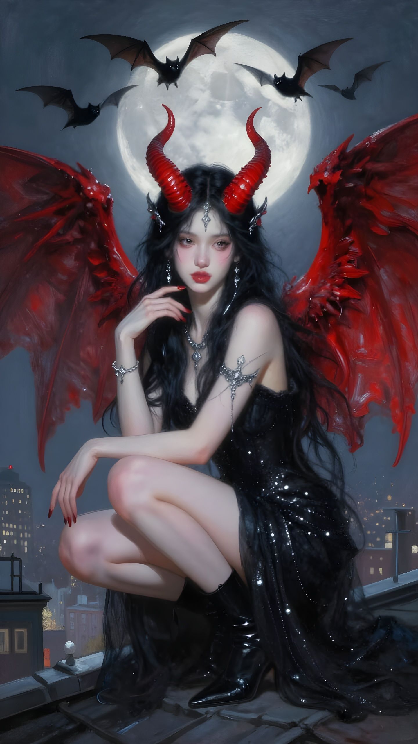 Ethereal Woman with Dragon Wings on Rooftop