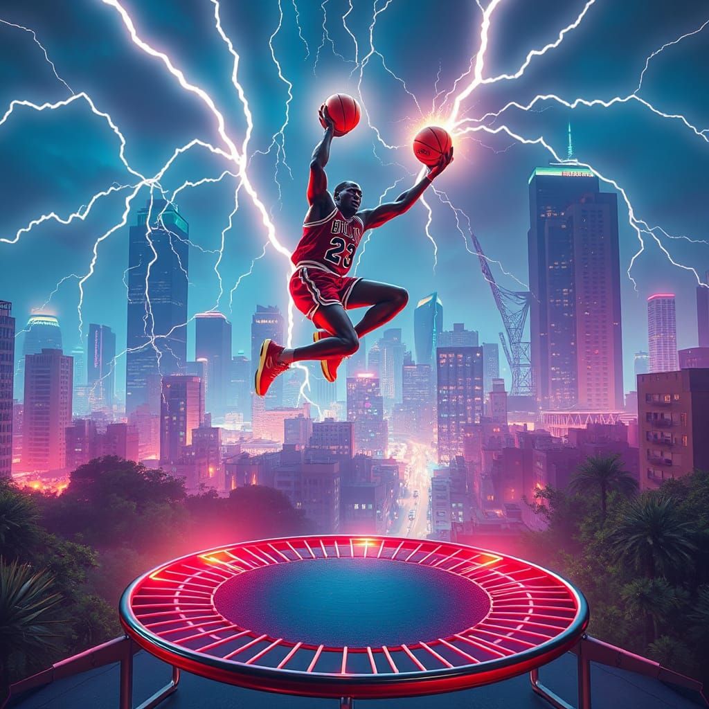 Michael Jordan Dunks with Lightning in Dreamlike City
