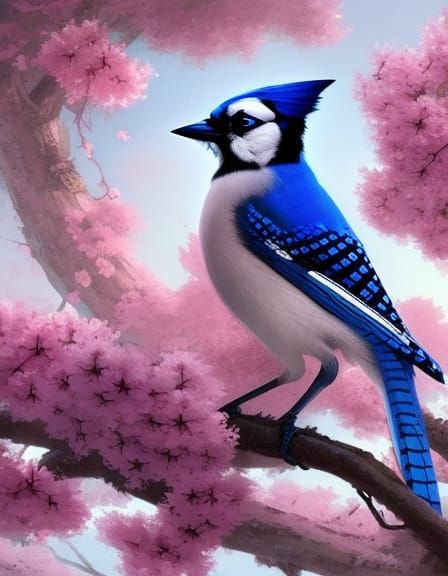Blue Jay in Cherry Blossoms: Dark Fantasy Art