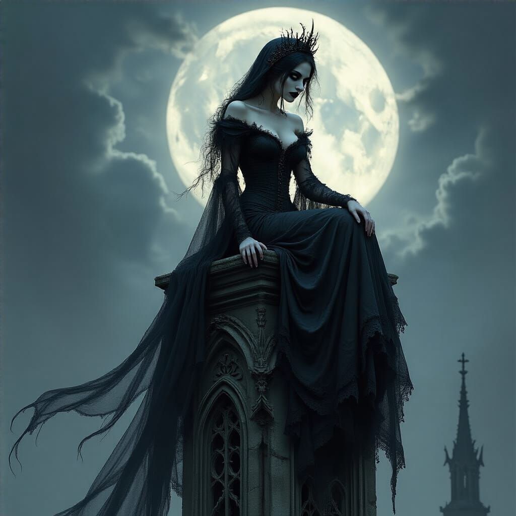 Shadowy Noblewoman on Gothic Spire in Dark Fantasy Style