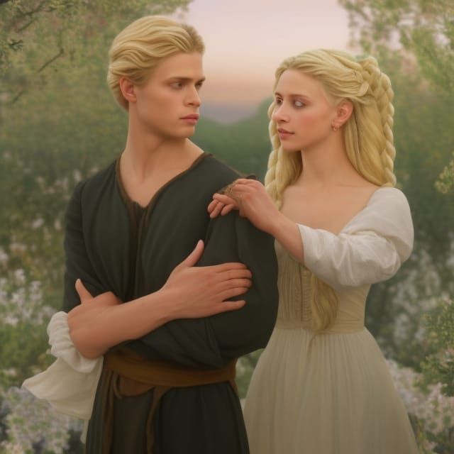 Romantic Couple in Meadow at Sunset: Oil Painting