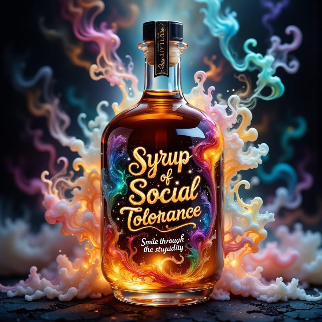 Ethereal Bottle with Glowing Label and Smoky Liquid