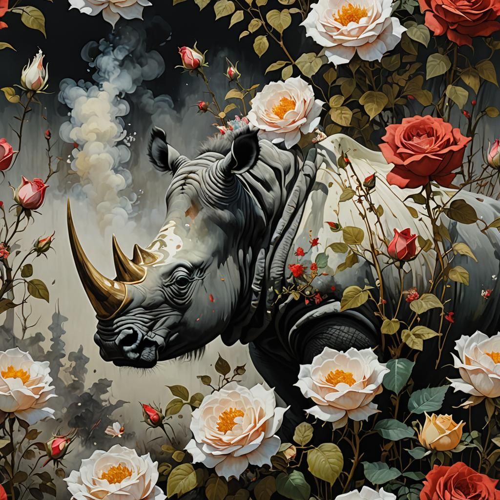 Ornate Rhinoceros Dreamscape with Flowing Flowers