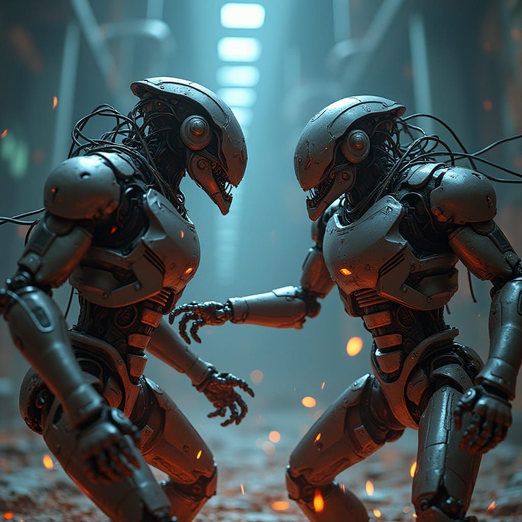 Cyberpunk Robotic Warriors Clash in Neon Arena