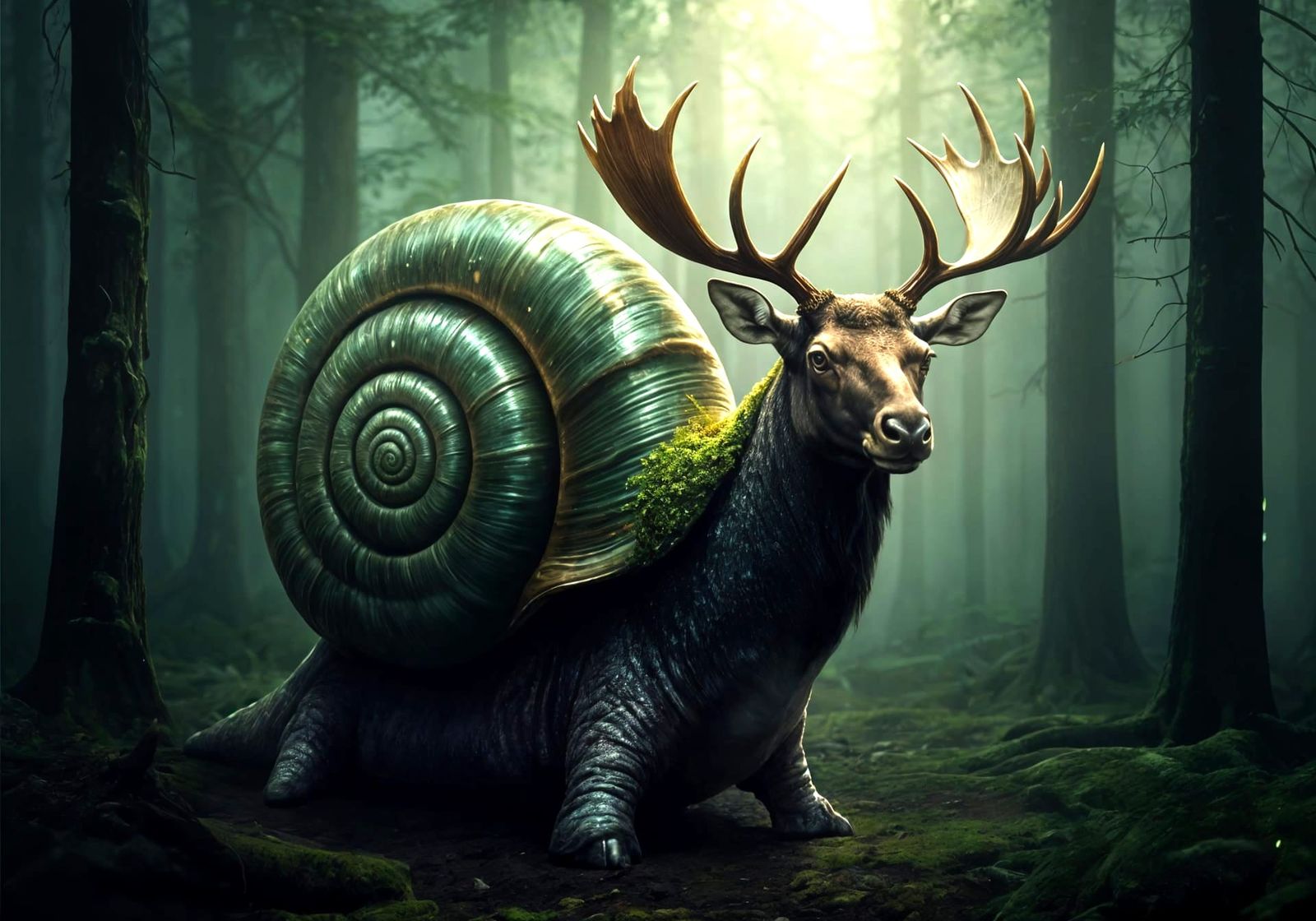 Majestic Moss-Green Spiral Creature with Moose and Snail Ele...