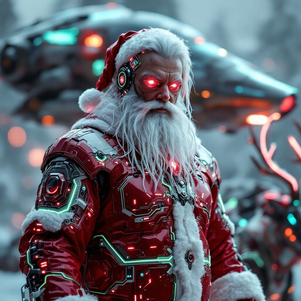 Cyber Santa in a Futuristic Metallic Red and White Cyberneti...