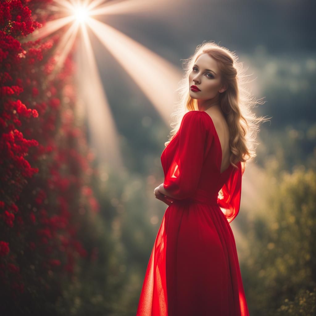 Radiant Lady in Red: Divine Sunshine and Soft Focus