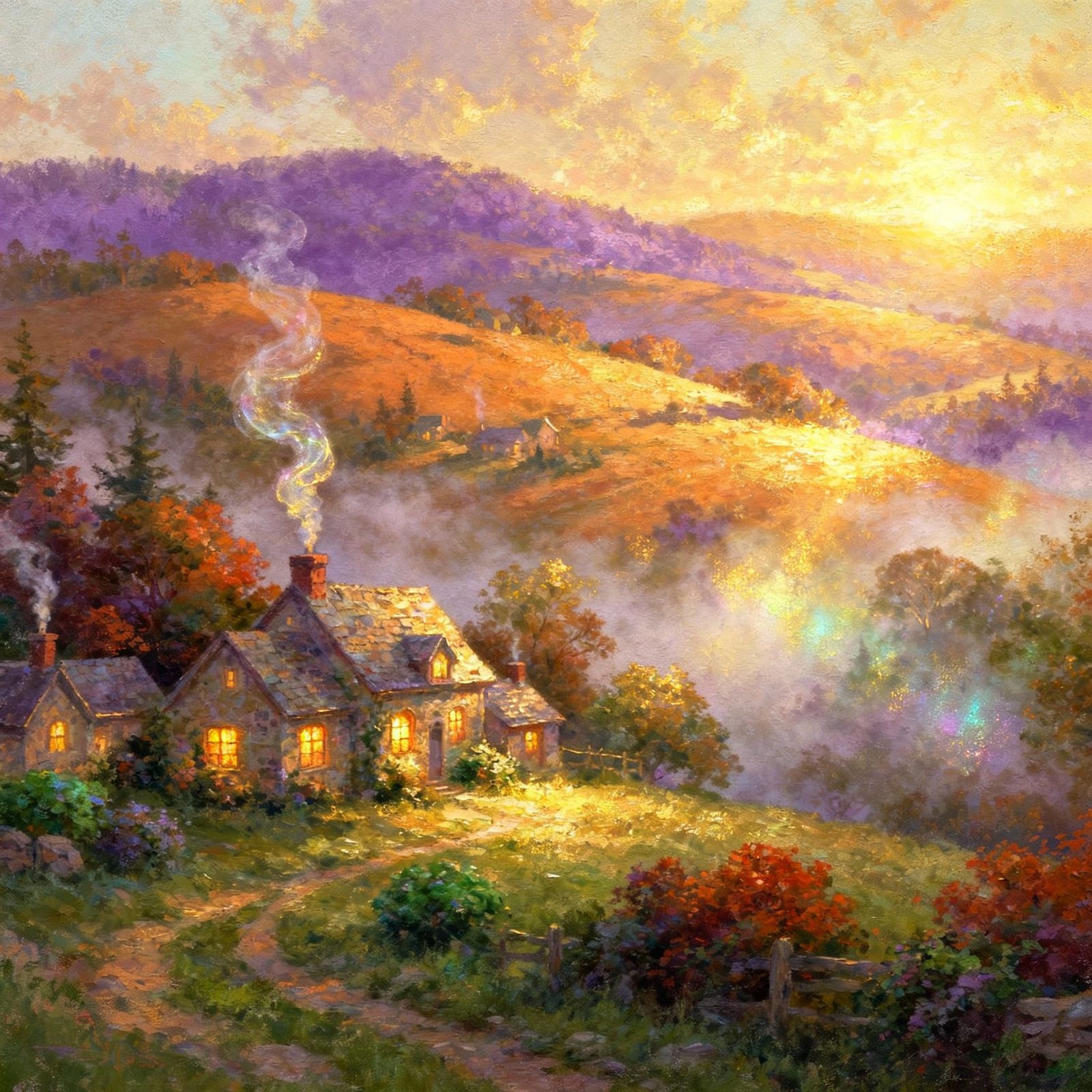 Ethereal Fantasy Landscape with Misty Cottages