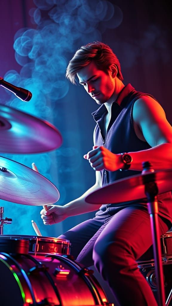 Handsome Male Drummer Beating his Drums in a 60's Rock and R...