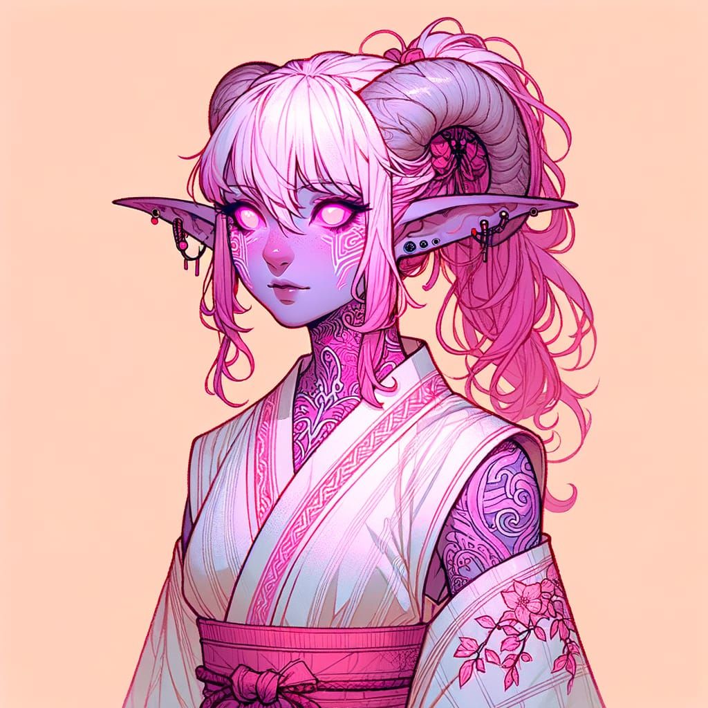 Fantasy Tiefling Woman with Pink Hair in Yukata