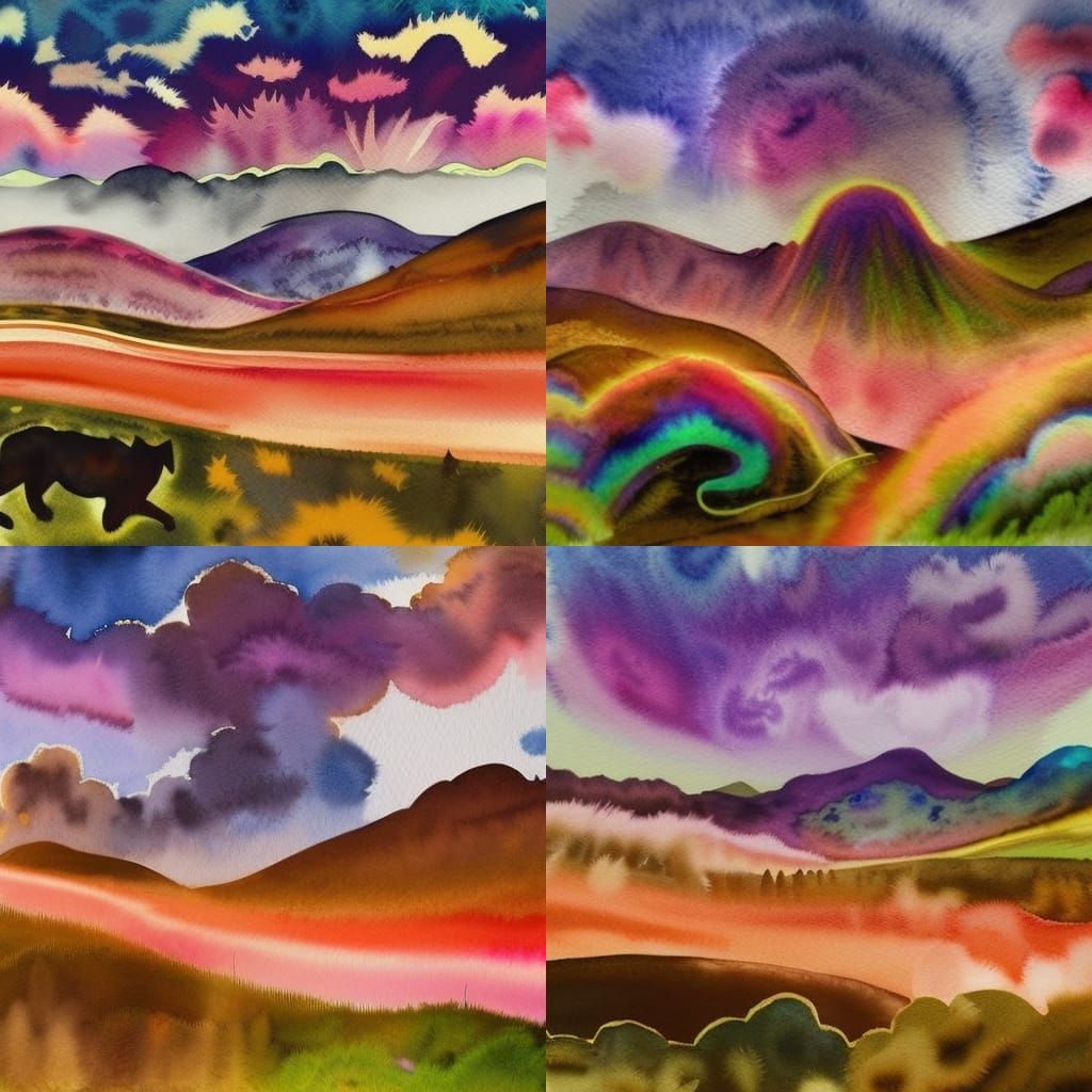 Psychedelic Golden Hour Hills in Watercolor