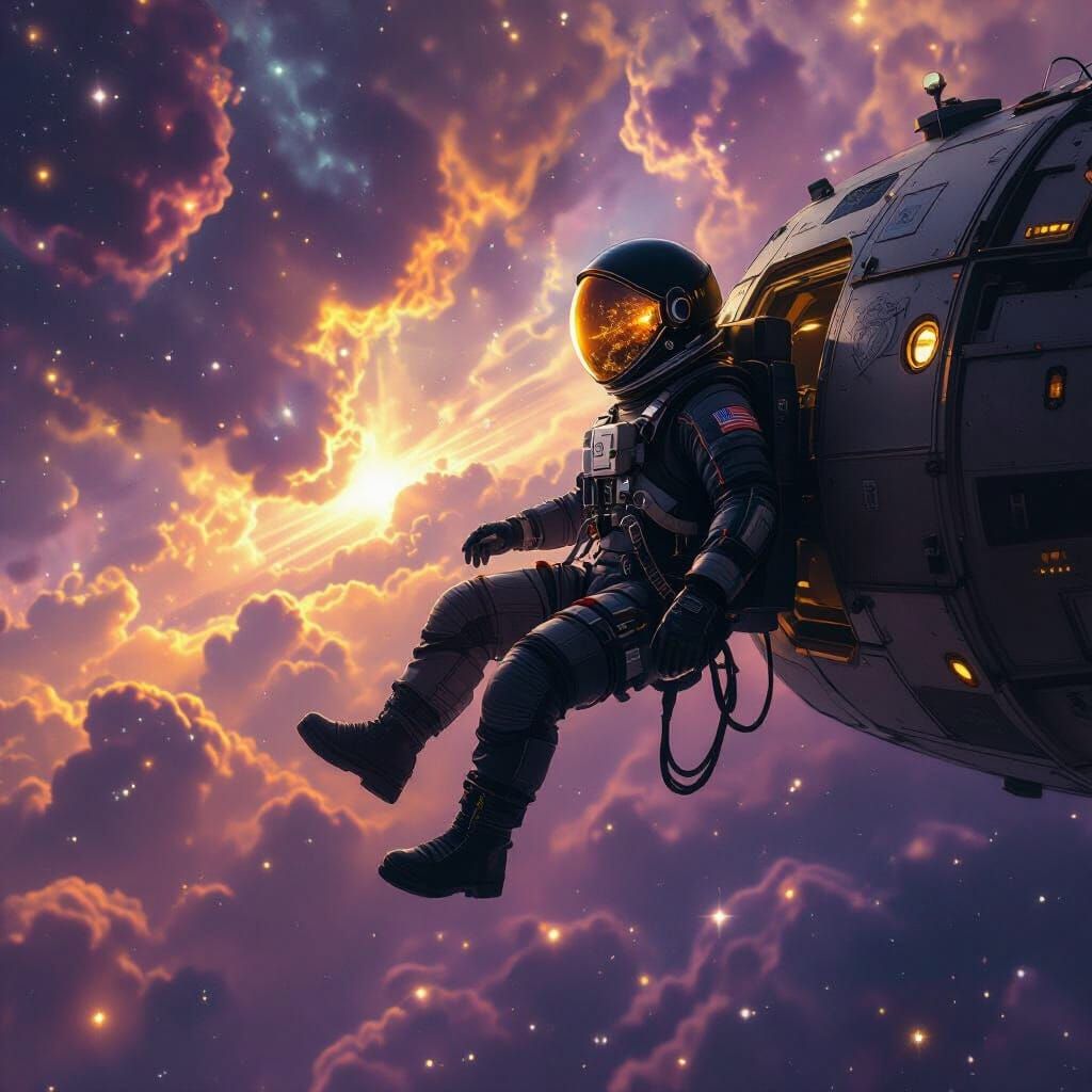 Astronaut Drifting Among Nebulae in Hyperrealism