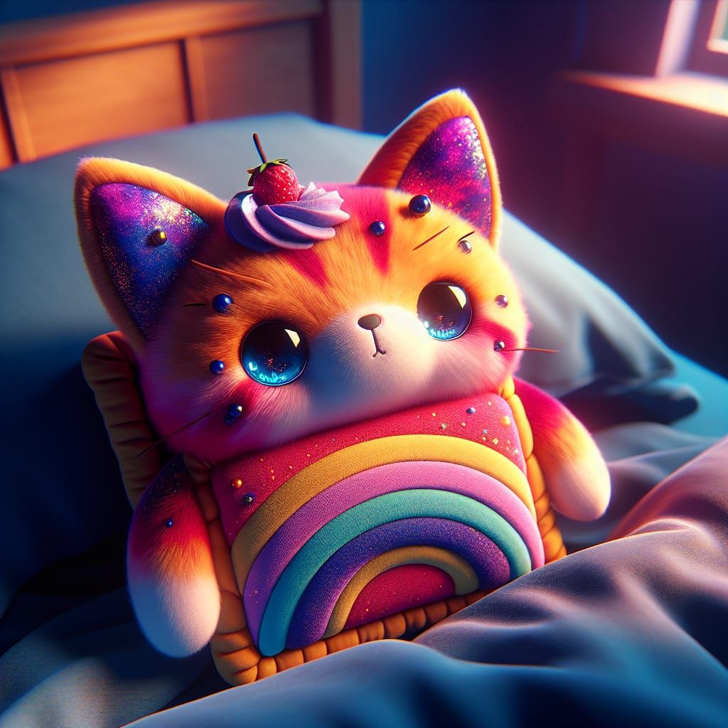 Whimsical Fantasy Cat Plushie on a Bed in Vibrant Colors