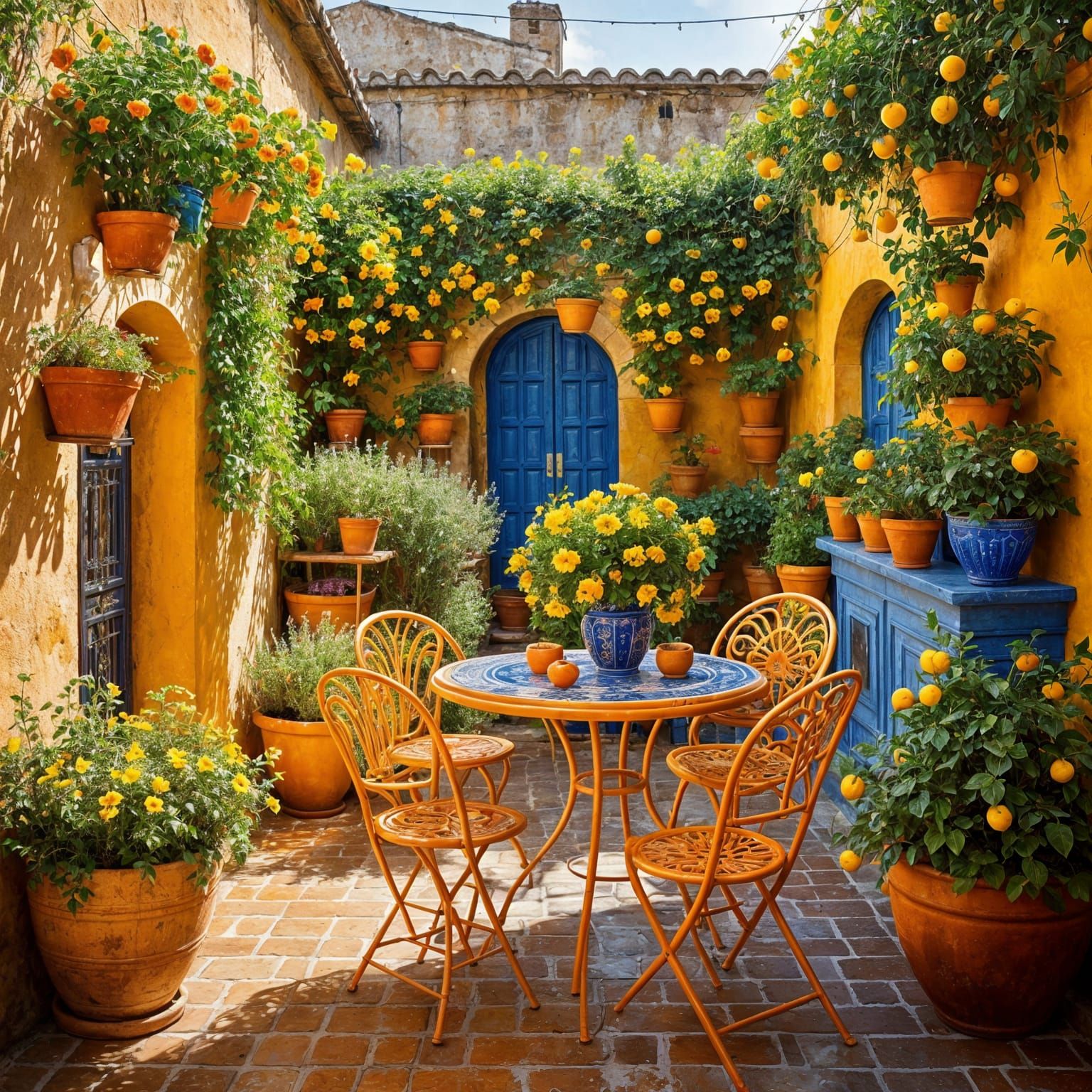 Surreal Italian Courtyard in Vibrant Mediterranean Style
