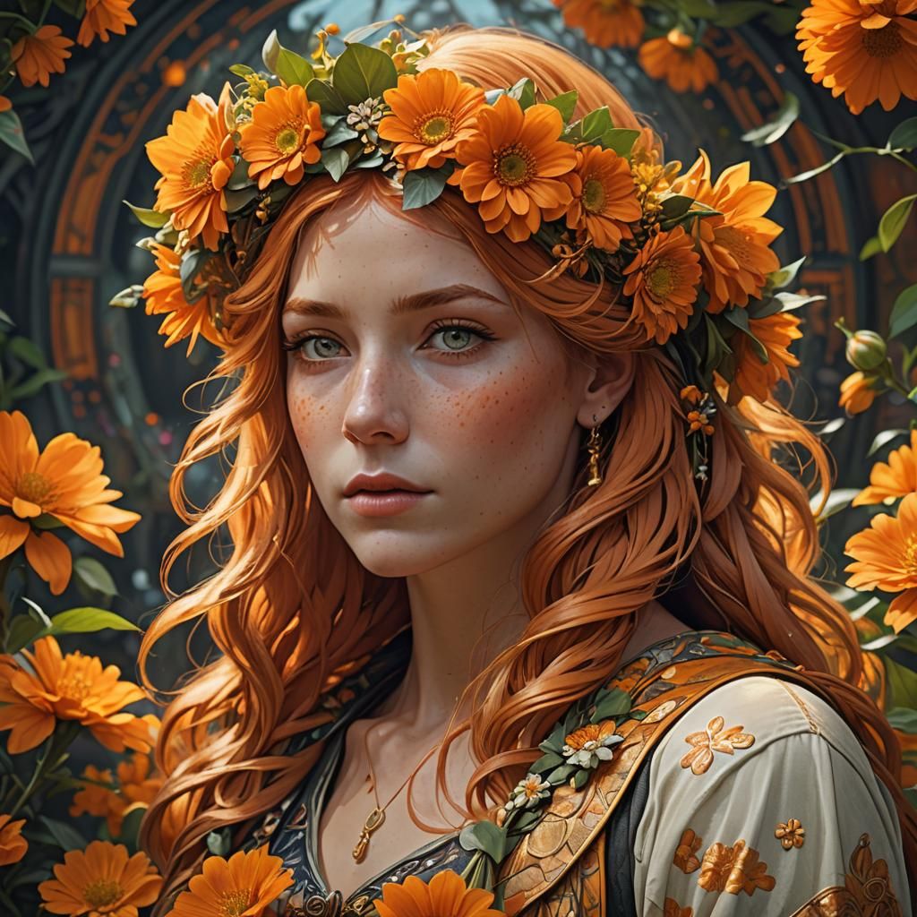 Orange Haired Woman with Flower Headband, Hyperdetailed Port...