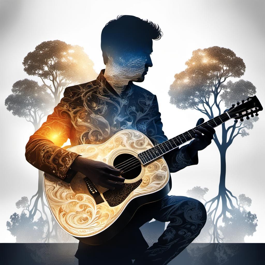 Acoustic Guitar Double Exposure in Cell-Shaded Style
