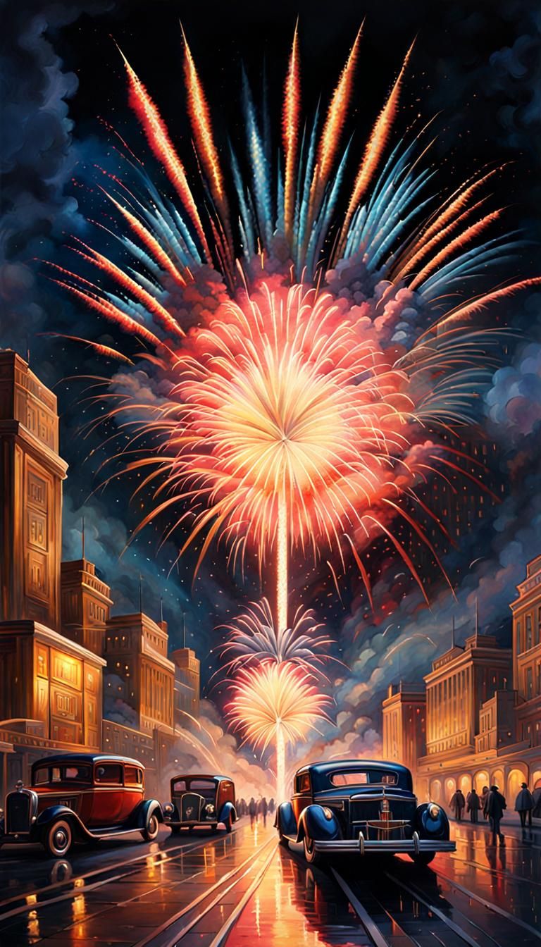 Art Deco Fireworks in Washed Watercolour Style