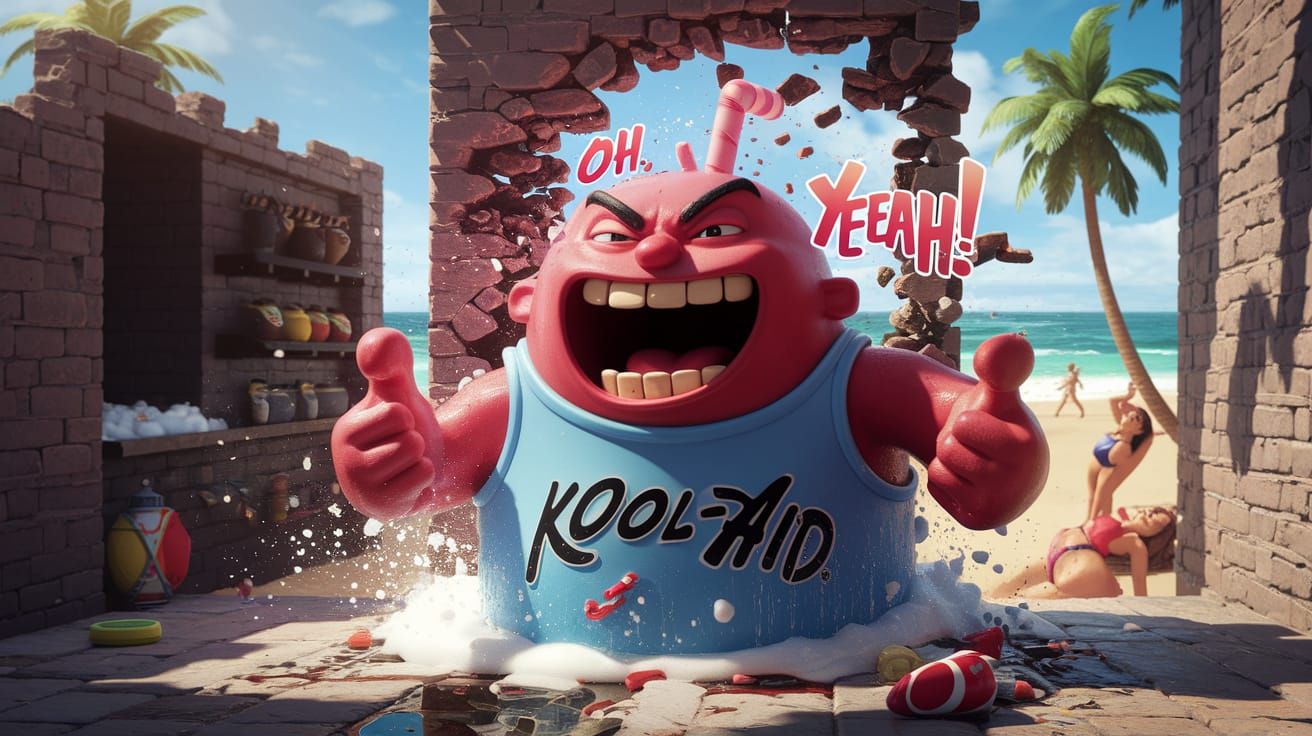 Kool-Aid man busts through wall yelling "OH YEAH!"