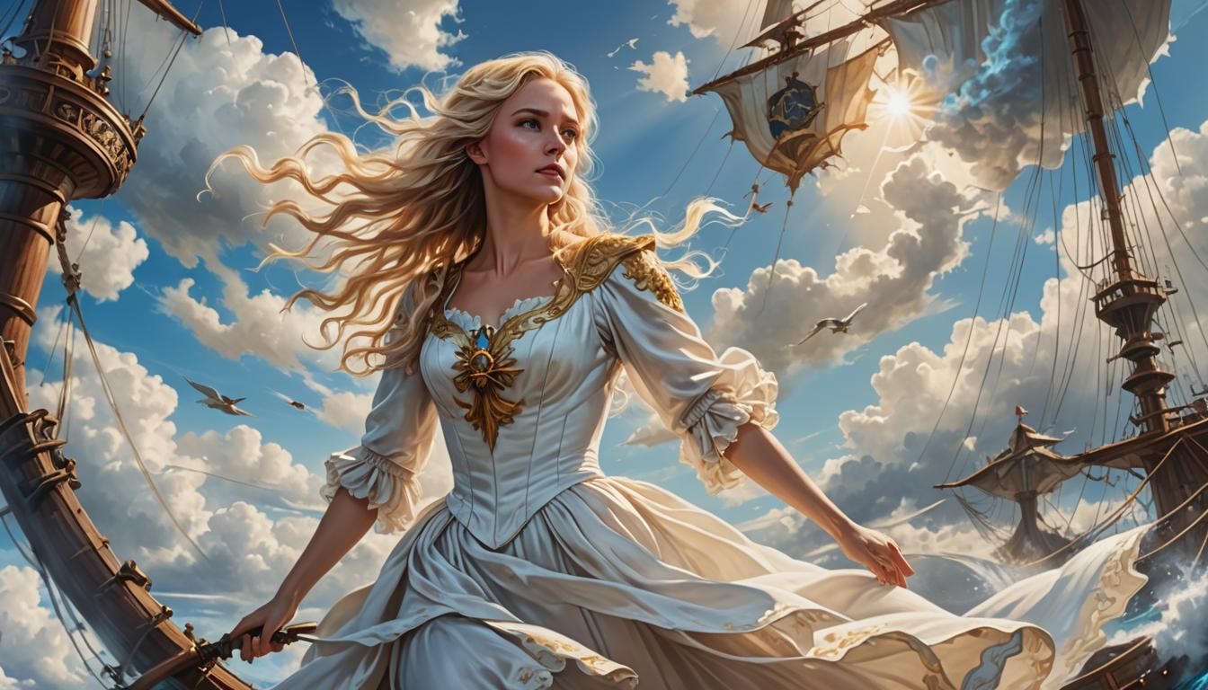 Blonde Woman Commands Cloud Galleon: Hyperrealistic Splash A...