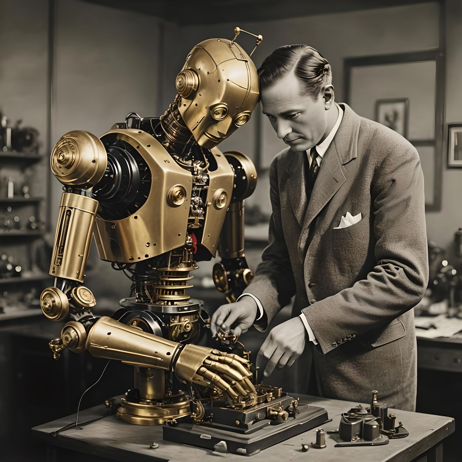 Inventor Builds Golden Robot in Film Noir Style