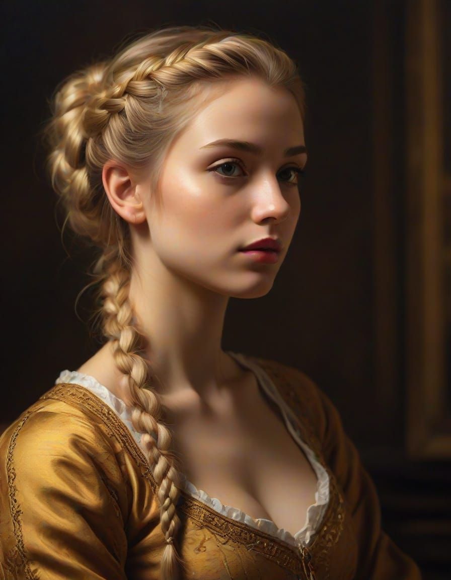 Blonde Beauty in Golden Braid, Baroque Oil Painting