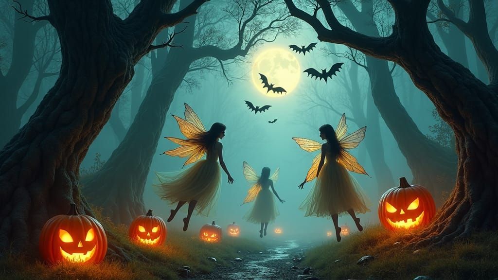 Enchanted Halloween Forest Scene with Fairies