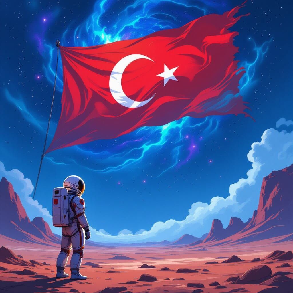Astronaut and Turkish Flag in Retro Sci-Fi Style