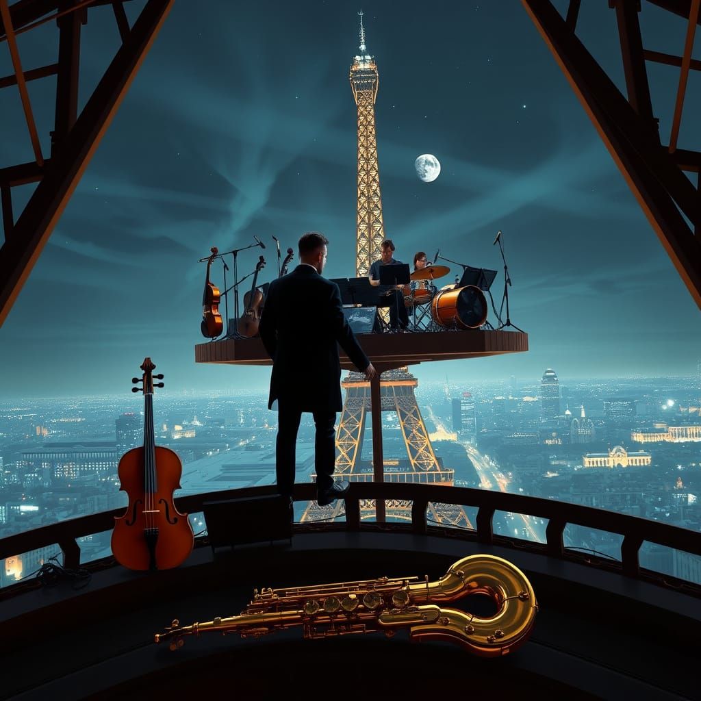 Big Band Plays on Eiffel Tower Platform