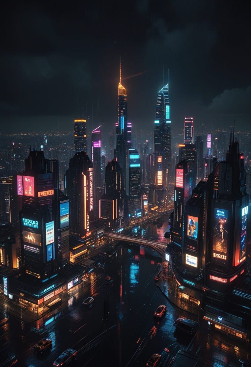 Cyberpunk Metropolis at Night with Neon Skyscrapers and Flyi...