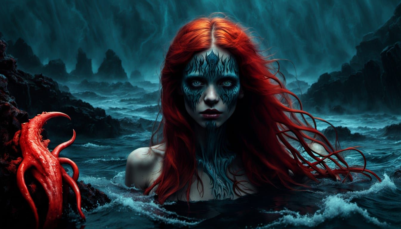 Dark Surrealism Siren in Murky Ocean Depths