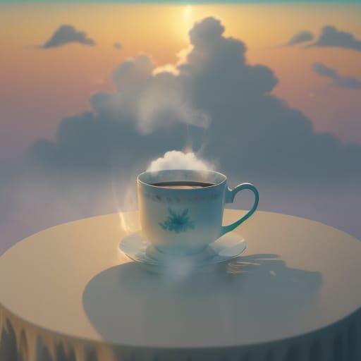 Anime Illustration of Heart Steam Rising from Coffee Cup