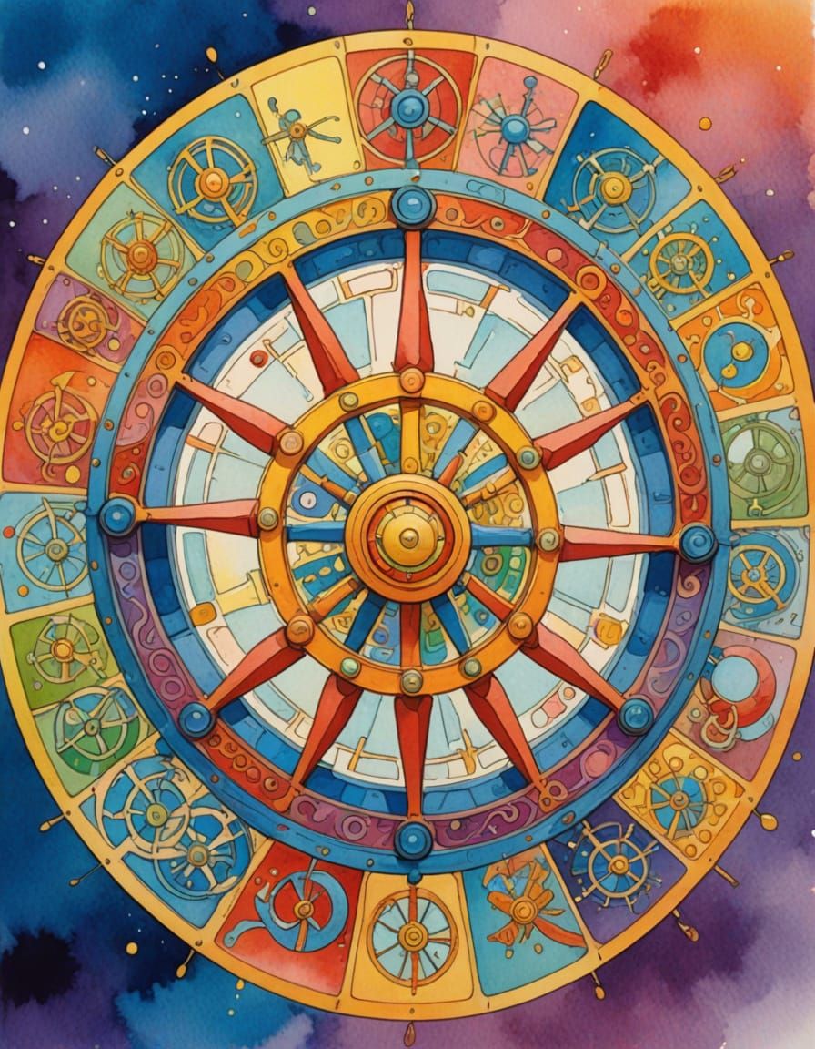 Joyful Dharma Wheel in Ghibli Watercolor Style