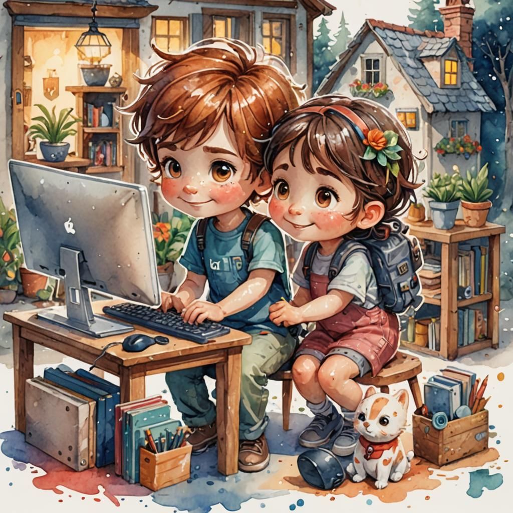 Pixar Style Cartoon: Children Playing with AI