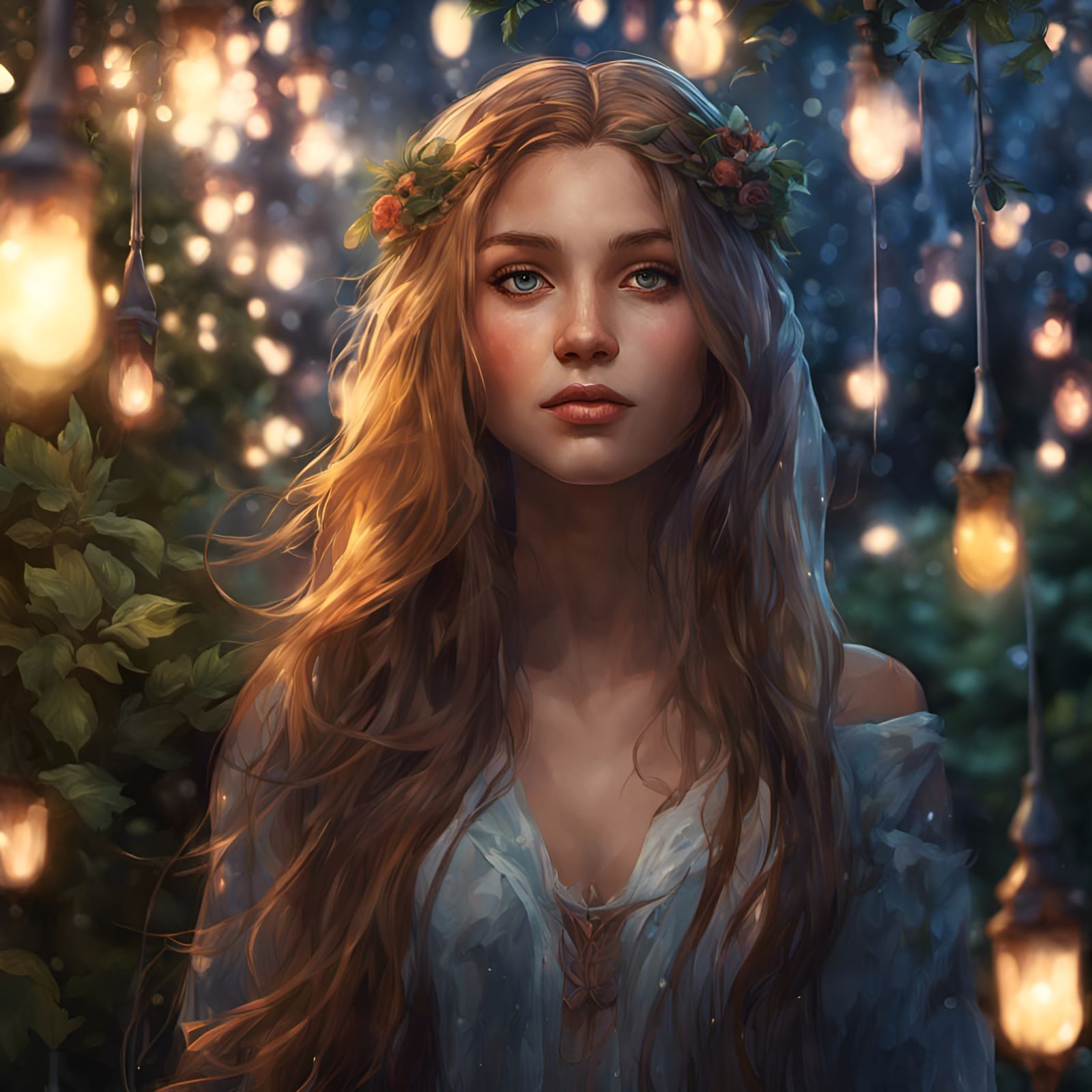 Luminous Portrait of Long-Haired Girl in Garden