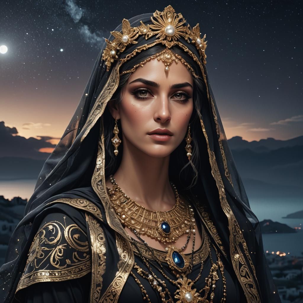 Greek Goddess of Night in Ethereal Black Veil