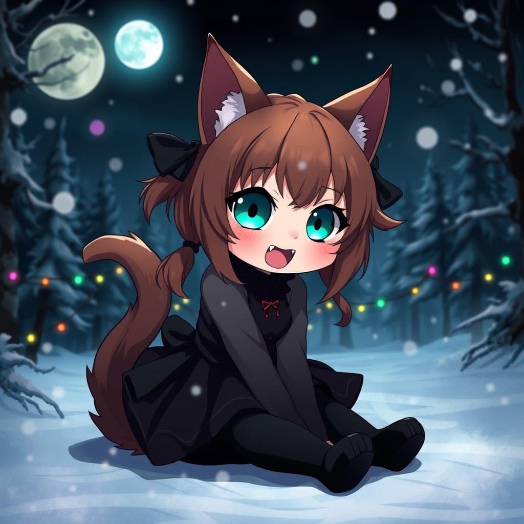 Whimsical Anime Catgirl in Enchanted Forest Under Full Moon