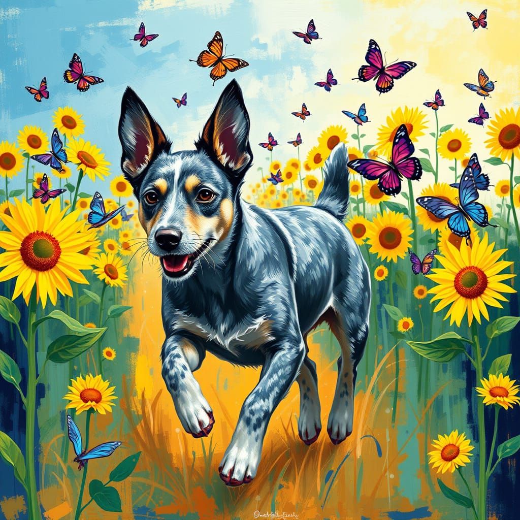 Vibrant Blue Heeler Runs Free Amidst Sunflowers and Butterfl...