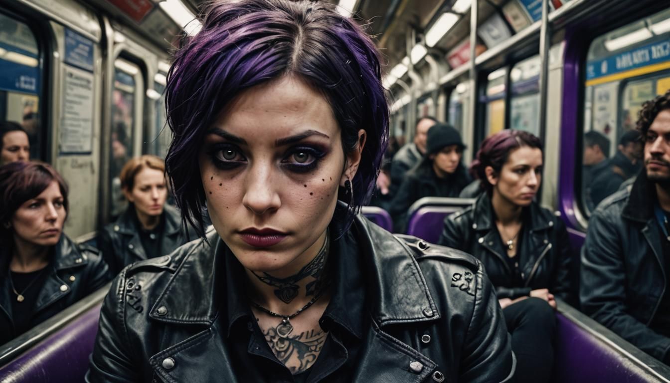 Goth Girl on London Tube in Film Style